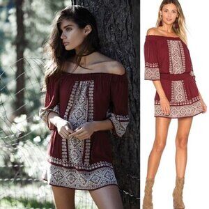 Tularosa Fiona Embroidered Off Shoulder Mini Dress Boho Mulled Red Size Small